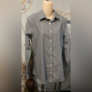Lands’ End No-Iron 100% Supima Cotton Blouse Black White Gingham Check 10T
